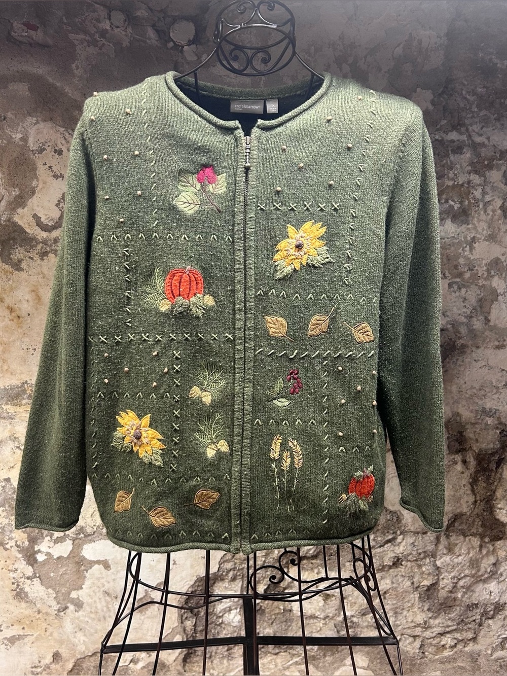 VTG Croft&Borrow Autumn Leaves/Pumpkins/Sunflowers Themed Zip-Up Cardigan: 1X